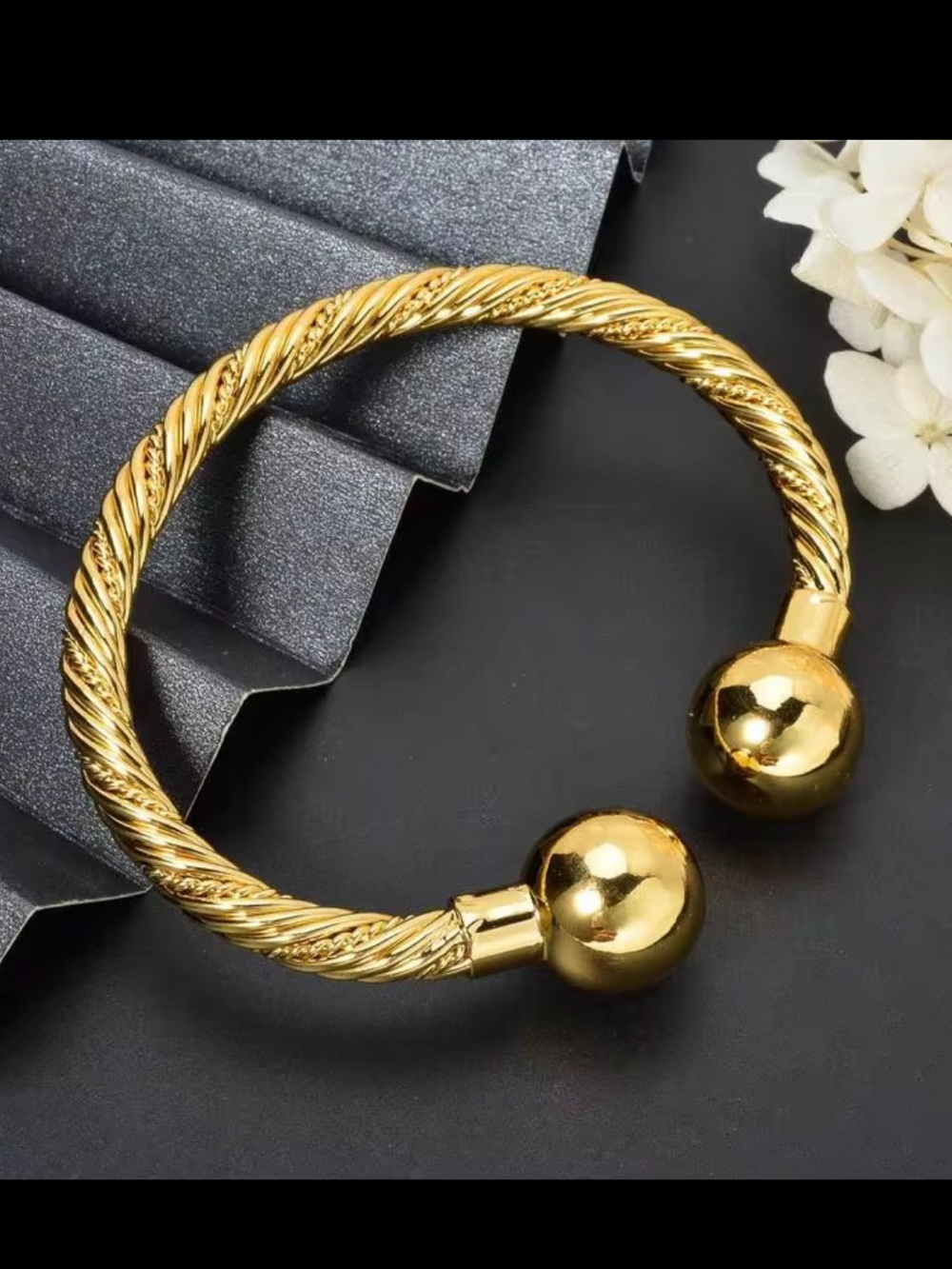 New! 14K Gold Plated Over Copper Twisted Cuff Ball Bangle Adjustable Bracelet OS